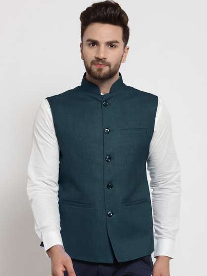 TREEMODA Men
                        Teal-Blue Solid Woven Nehru Jacket