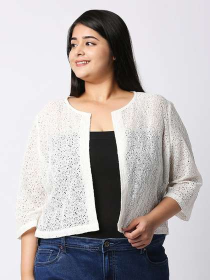 Style Quotient Plus
                        Size Self Design Floral Lace Open Front Smart
                        Casual Shrug