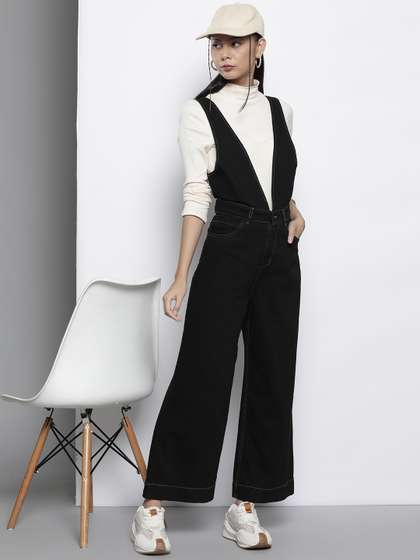 SASSAFRAS Black Deep
                        V-Neck Cotton Denim Flared Leg Jumpsuit