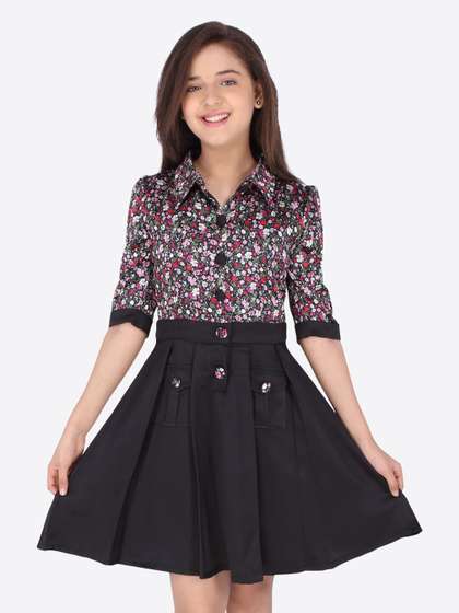 CUTECUMBER Black Floral
                    Satin Shirt Dress