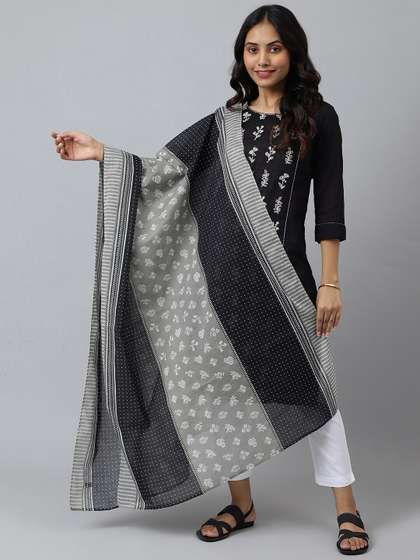 AURELIA Grey & White Printed Pure Cotton Dupatta