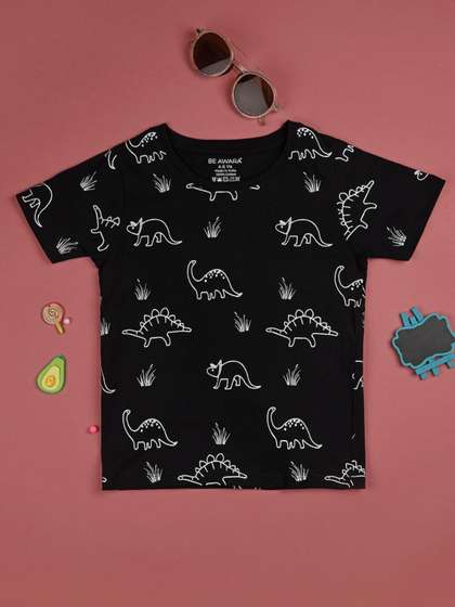 BE AWARA Kids Black Printed T-shirt