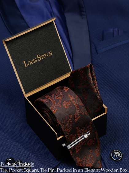 LOUIS STITCH Men Coffee
                    Brown Italian Silk Necktie Accessory Gift Set
