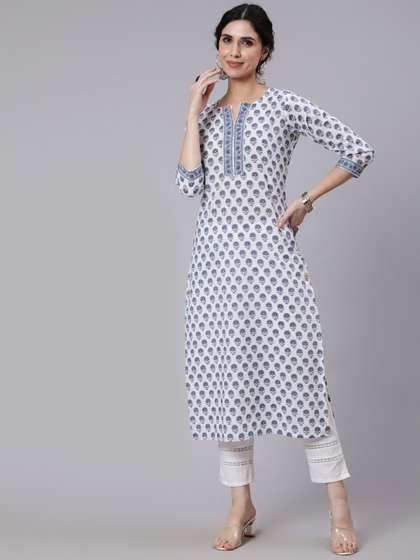 Nayo Women Off-White
                        Printed Straight Kurta With Three Quarter
                        Sleeves