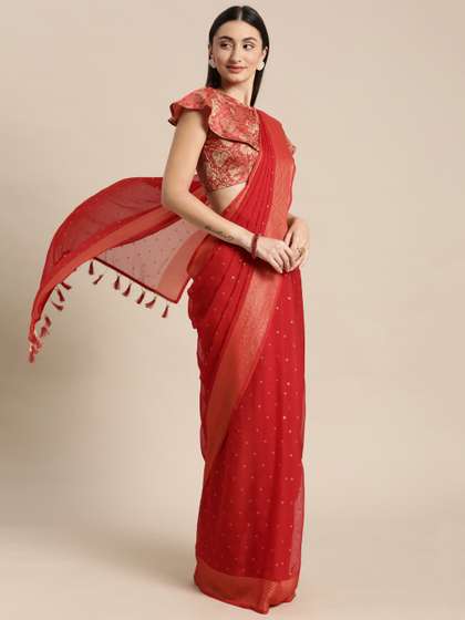 Mitera Red &
                          Gold-Toned Floral Zari Pure Chiffon Saree
