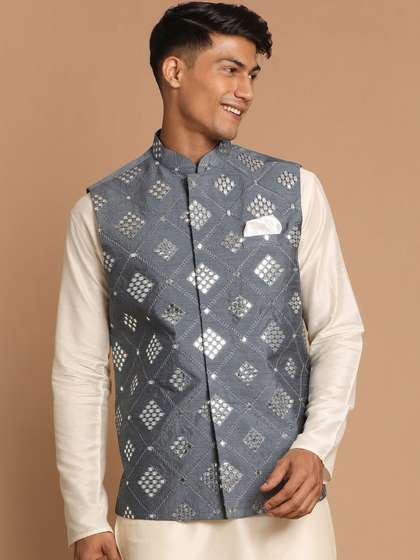 VASTRAMAY Men Mirror Embellished Woven Slim Fit Nehru Jackets