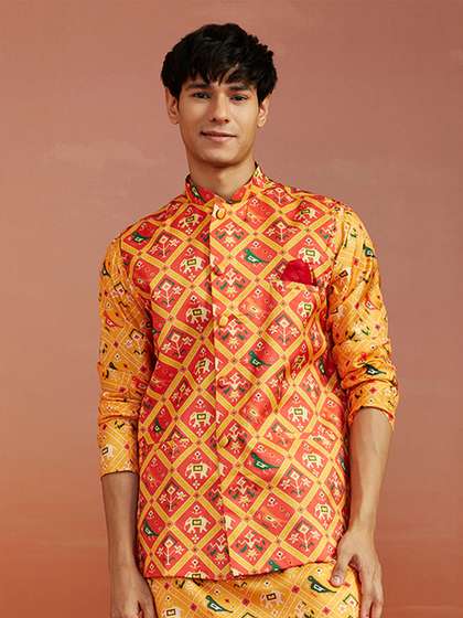 VASTRAMAY Men Patola Printed Satin Slim-Fit Nehru Jacket