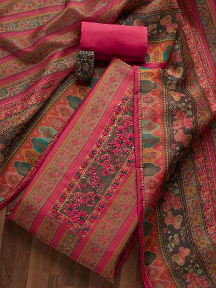 Koskii Pink &
                        Green Embroidered Art Silk Unstitched Dress
                        Material