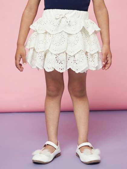 SPUNKIES Girls White
                      Schiffli Printed Knee Length Flared Skirts