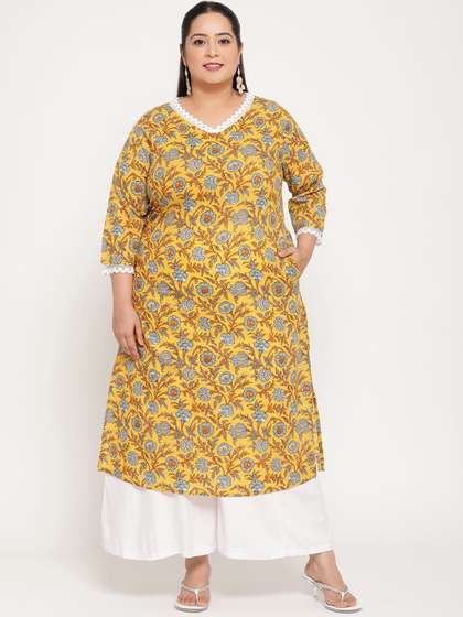 Sringam Plus Size
                        Women Yellow Floral Printed Kurta