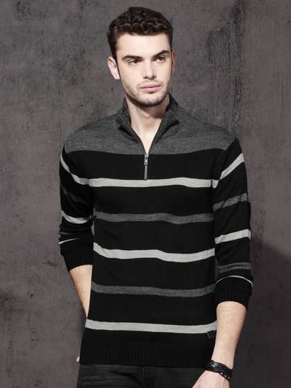 Roadster Men Black
                        & Grey Striped Cardigan