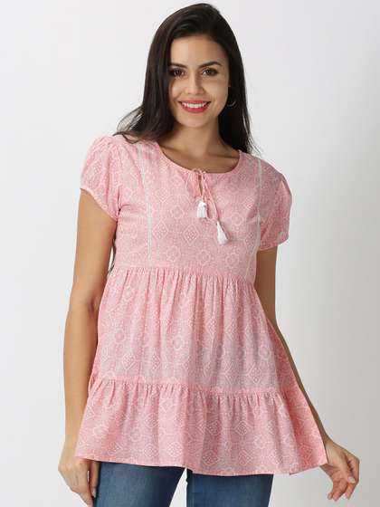 Saffron Threads Pink Bandhani Print Tie-Up Neck Tiered Top