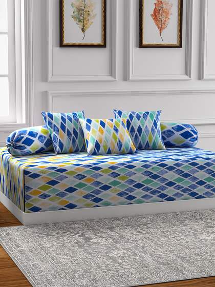 SWAYAM Blue Printed Diwan Set with Bolster & Cushion Covers
