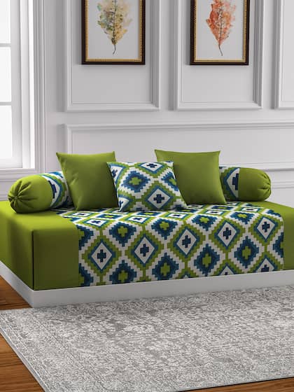 SWAYAM Green Printed Diwan Set with Bolster & Cushion Covers