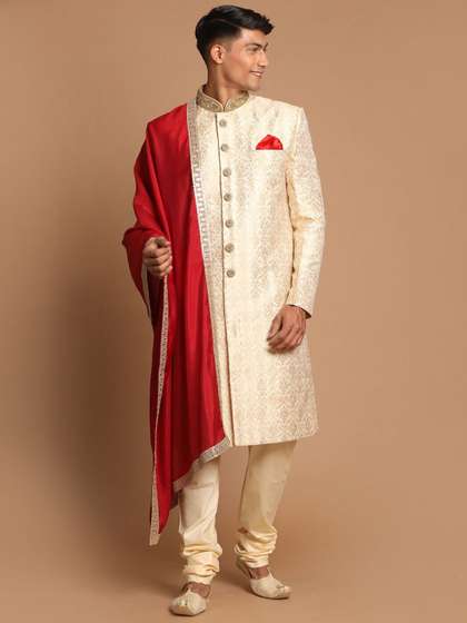 VASTRAMAY Men Beige
                        Self-Design Sherwani Set With Dupatta