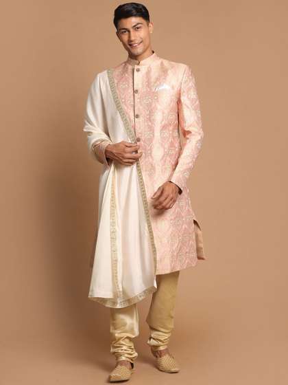 VASTRAMAY Men Pink
                        & Golden Woven Design Sherwani With
                        Embellished Dupatta