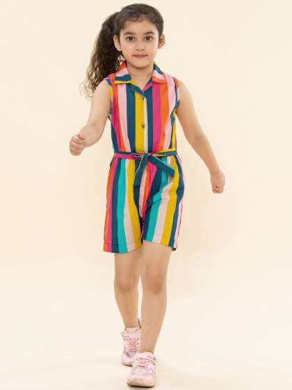 A T U N Girls Striped Cotton Waist Tie-Ups Sleeveless Jumpsuit