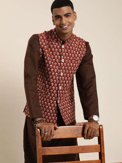 Taavi Pure Cotton Bagru Nehru Jacket