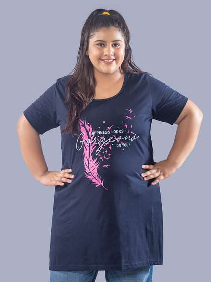 CUPID Plus Size
                        Women Navy Blue Print Longline Top