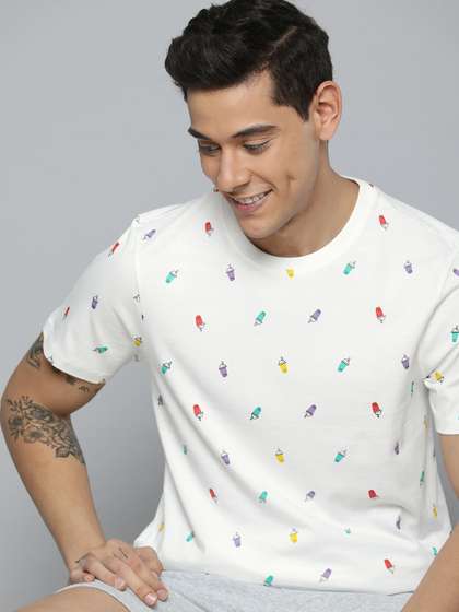 Mast & Harbour Men White Cotton Printed Round Neck T-shirt