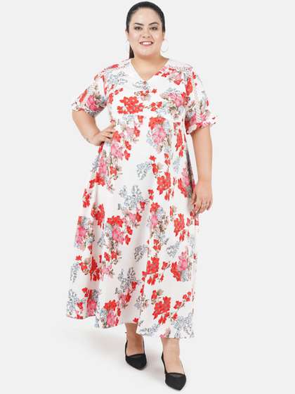Indietoga Plus
                          Size Women White & Red Floral Crepe Maxi
                          Dress