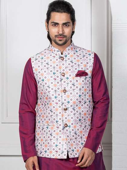 KISAH Men White
                          Woven Design Nehru Jacket