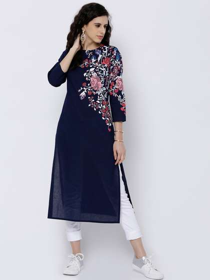 Vishudh Women Navy Printed Straight Kurta
