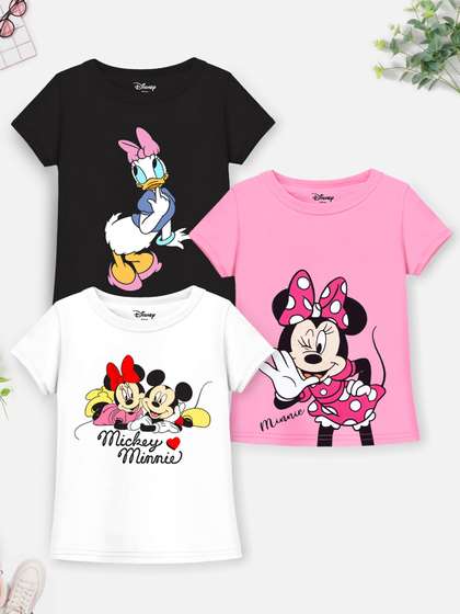 YK Disney Girls Pack of
                    3 Mickey Minnie Daisy Printed Cotton T-shirt