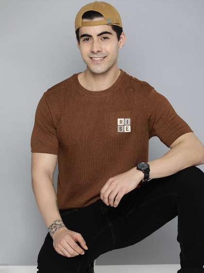 HERE&NOW Men Brown Pure Cotton T-shirt