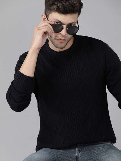 Roadster Men Navy
                        Blue Self Design Pullover