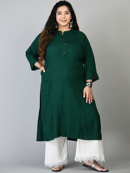 PrettyPlus by
                          Desinoor.com Plus Size Women Green Solid
                          Kurta