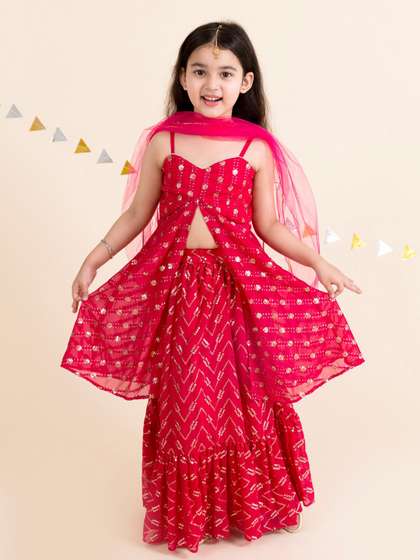 pspeaches Girls
                        Magenta & Gold-Toned Embellished Ready to
                        Wear Lehenga Choli