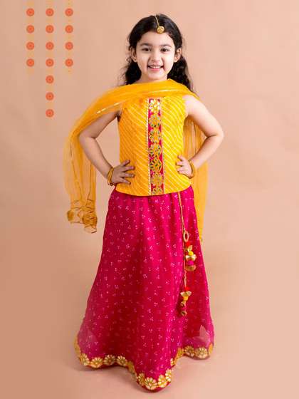 Pspeaches Girls Yellow
                    And Magenta Leheriya Kota Lehenga Choli Dupatta Set