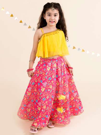 pspeaches Girls
                          Coral & Yellow Ready to Wear Lehenga
                          Choli