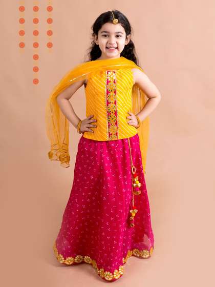 Pspeaches Girls Yellow
                      And Magenta Leheriya Kota Lehenga Choli Dupatta
                      Set