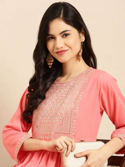 SHOWOFFFF Peach-Coloured Yoke Design Sequinned Anarkali Kurti