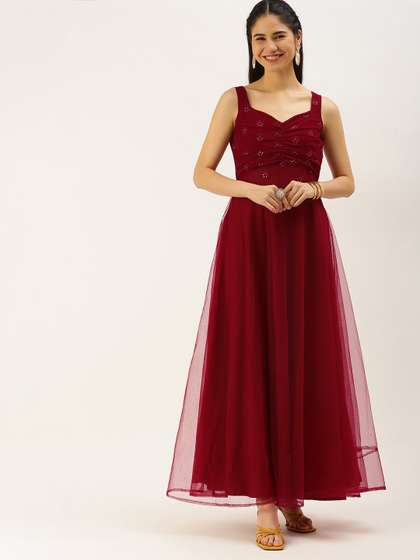 Ethnovog Maroon
                          Sequined Detail Net Maxi Ethnic Dress