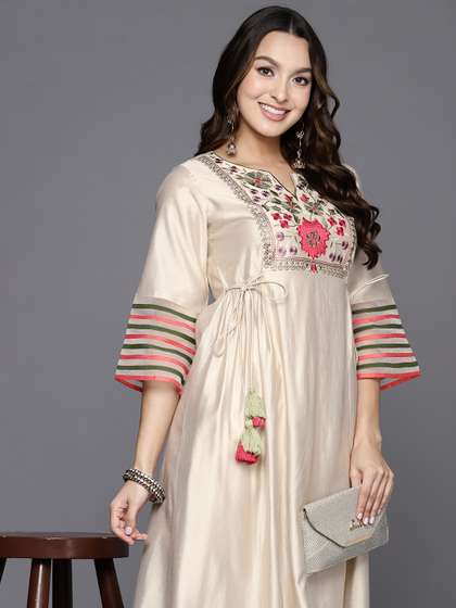 Indo Era Women Floral Embroidered Thread Work Liva Kurta With Trousers