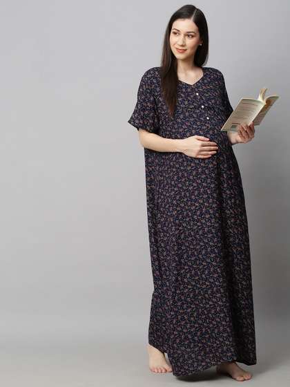 MomToBe Navy Blue
                          Printed Maxi Maternity Sustainable Nightdress