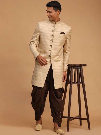 VASTRAMAY Men Beige
                        & Brown Striped Slim Fit Sherwani Set