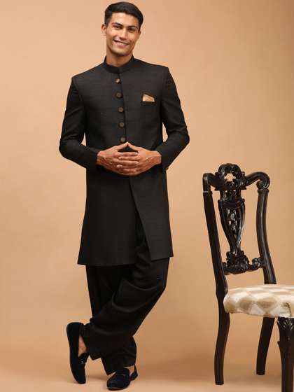 VASTRAMAY Men
                          Black Solid Sherwani Set