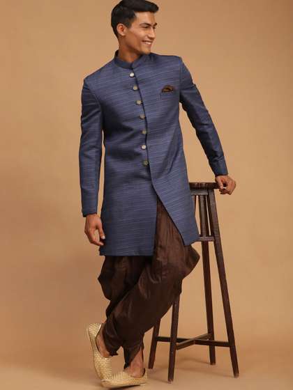 VASTRAMAY Men Navy
                          Blue & Brown Striped Slim Fit Sherwani
                          Set