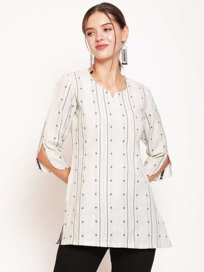 AKIMIA Women Cream-Coloured Thread Work Pure Cotton Jacquard Handloom Thread Work Kurti