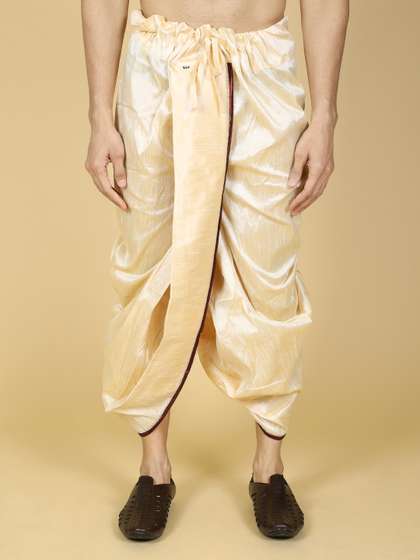 NAMASKAR Men Beige
                        Solid Silk Dhotis Pants