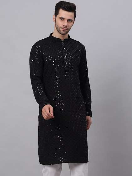 Jompers Men Black
                        Floral Embroidered Sequined Cotton Kurta