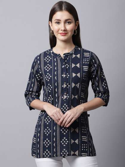 Pistaa Women Navy Blue & Off White Geometric Printed Short Kurti