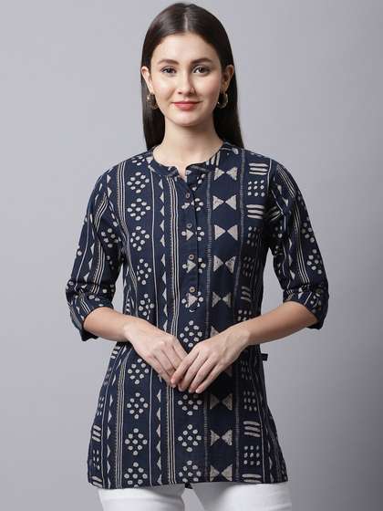 Pistaa Navy Blue Plus Size Ethnic Motifs Printed Kurti