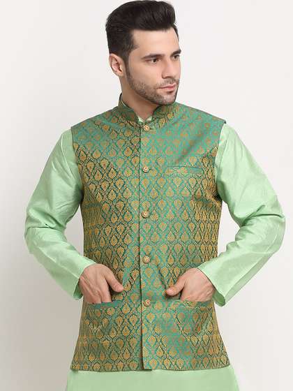 KRAFT INDIA Men
                          Green Jacquard Woven Design Nehru Jacket