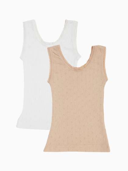 Kanvin Girls Pack Of 2
                    White & Beige laced Cotton Thermal Tops