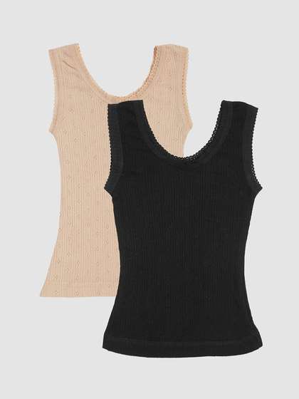 Kanvin Girls Pack Of 2
                      Beige & Black Ribbed Thermal Tops
